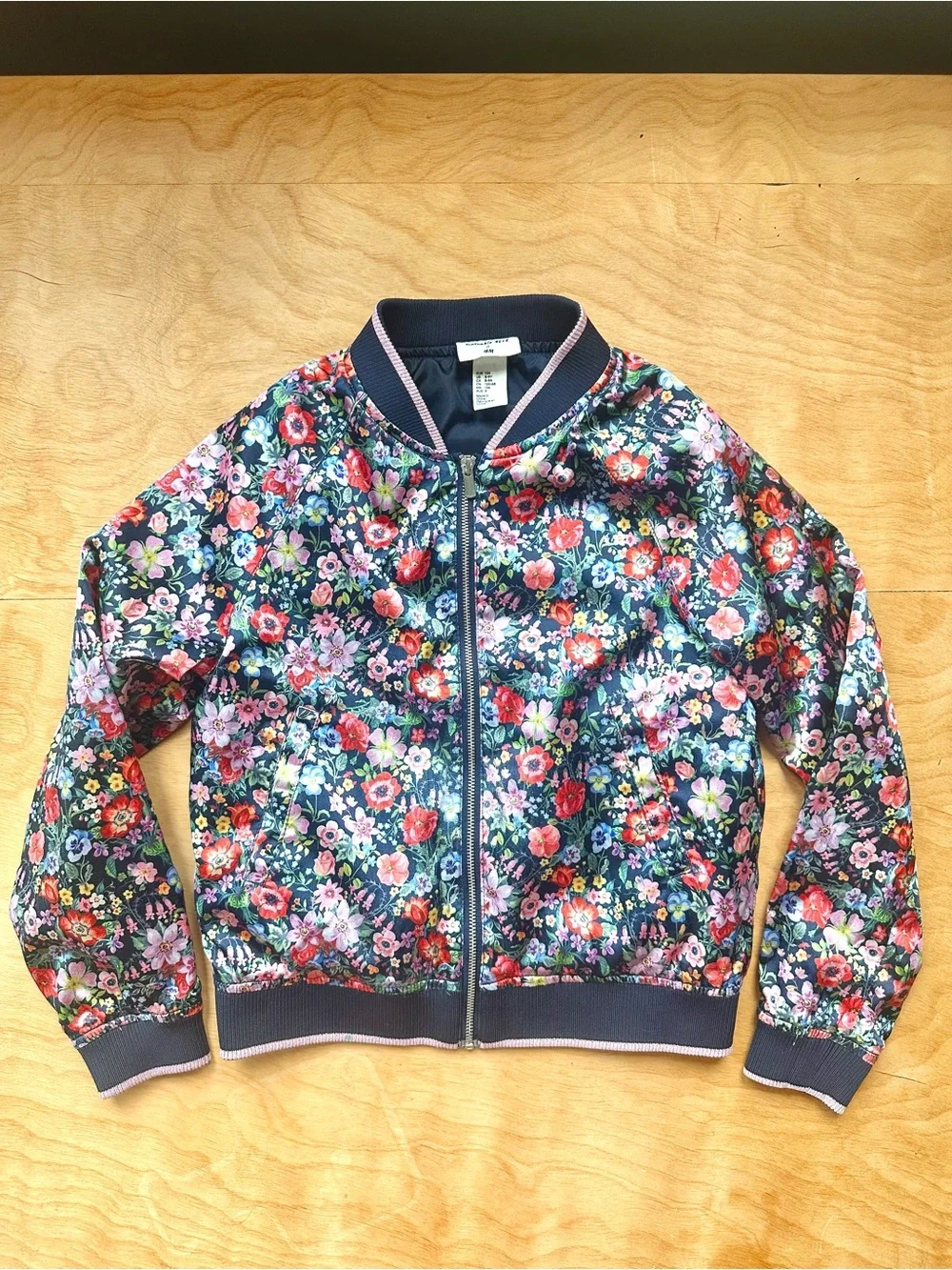 Natalie Lété x H&M Floral Satin Bomber Jacket Girls 8-9Y Navy Zip Pockets